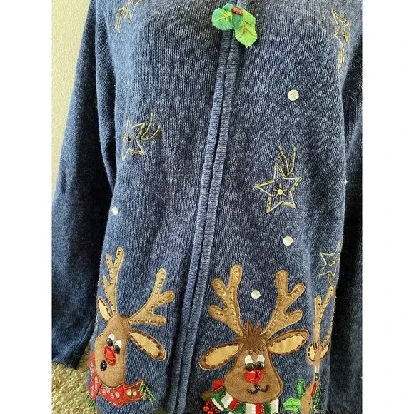 Vintage Ms Lee Christmas Sweater Cardigan Women's Large Embroidered Reindeer - Picture 9 of 16